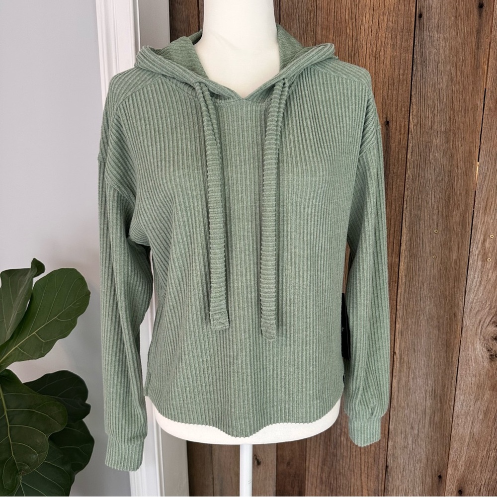 Glyder Women's Valley Logo Hoodie Sage Green Cropped Ribbed Chunky Tie Loose S .